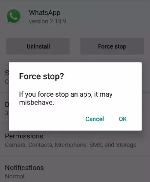 Forçar a parada do WhatsApp durante o processo