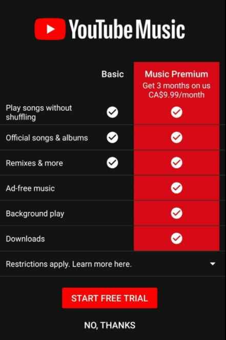 Verificando os benefícios do Youtube Music Premium