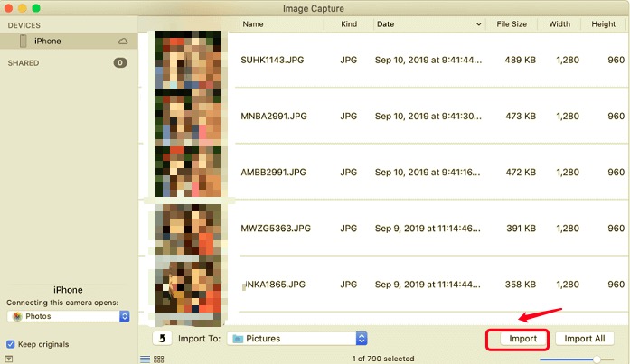 Importera foton från iPhone till extern hårddisk via Image Capture på Mac