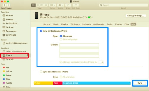 Finder를 사용하여 iPhone에서 iPad로 연락처 동기화