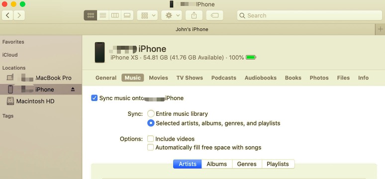Finder를 사용하여 Mac과 iPhone 간에 음악 동기화