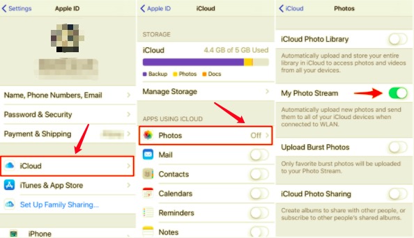iCloud 및 사진 스트림을 사용하여 iPhone에서 iPad로 사진 전송