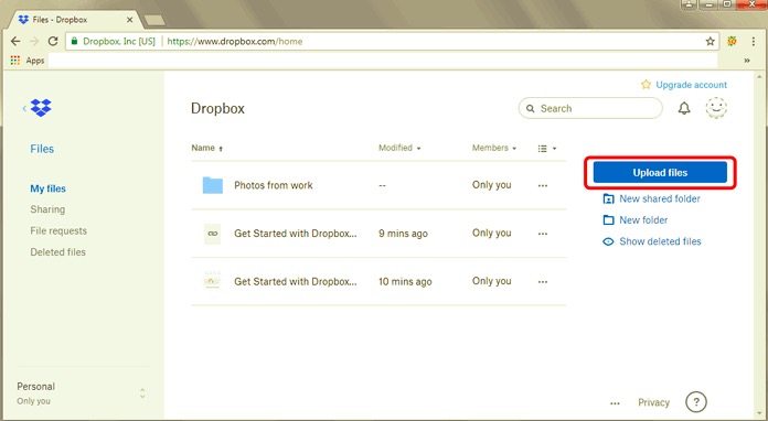 Dropbox Dateien hochladen