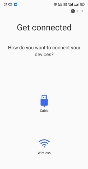 Escolha entre usar um cabo USB ou uma transferência sem fio