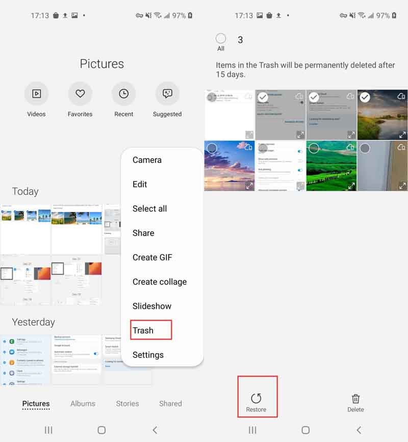 Recupere fotos excluídas em dispositivos Samsung verificando a lixeira da galeria
