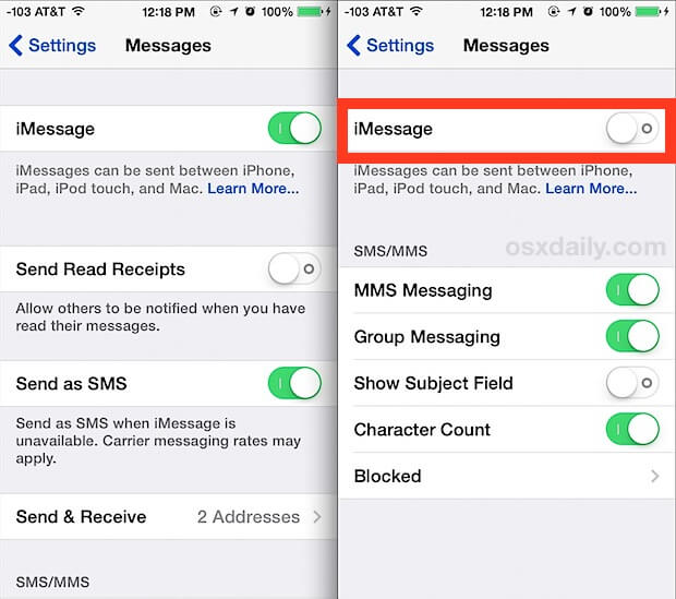 Desligue e ligue novamente o iMessage para corrigir problemas