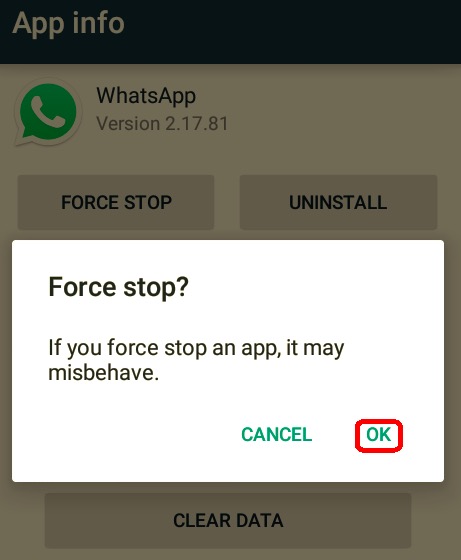 Tvinga Stäng WhatsApp för att fixa att det inte ansluter till WiFI-problem