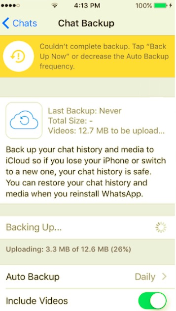 Failed WhatsApp Backup Because iCloud Couldn't Finish Backup 
