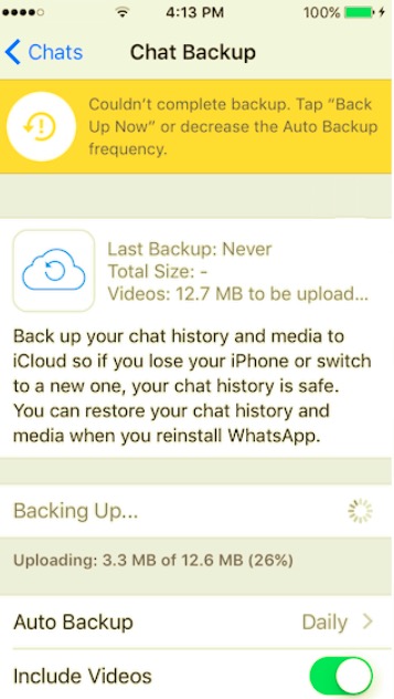 Falha no backup do WhatsApp porque o iCloud não pôde concluir o backup