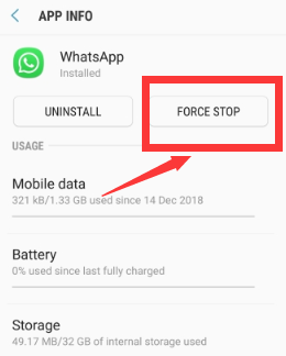 Forçando o aplicativo a parar para corrigir o backup do WhatsApp preso no Android