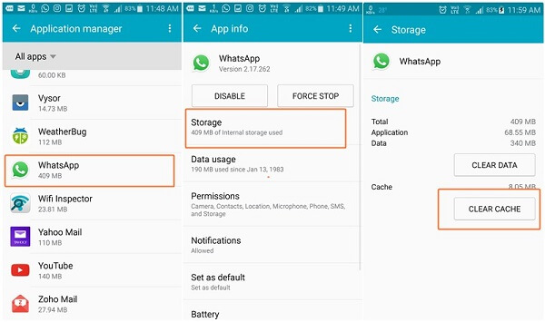 Métodos para corrigir “Vídeos do WhatsApp que não aparecem na galeria” - Limpar cache do WhatsApp