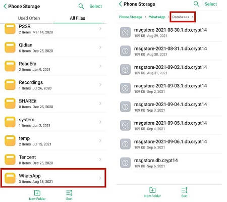 내부 저장소의 WhatsApp 로컬 백업을 사용하여 백업에서 WhatsApp 복원