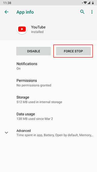 Force Stop the YouTube App To Resolve YouTube Only Audio No Video